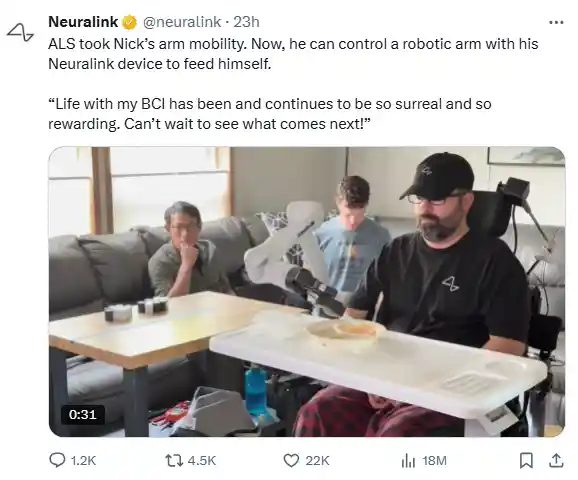 脑机接口重大突破！Neuralink赋能渐冻症患者，机械臂助其首次自主进食饮水