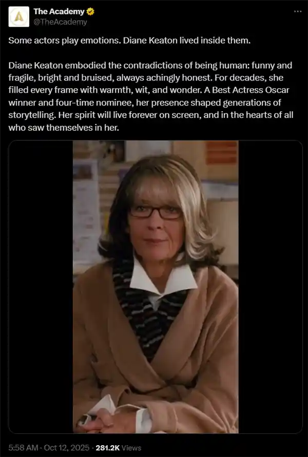 四度冲击奥斯卡的影后戴安·基顿离世，经典《教父》三部曲留永恒传奇