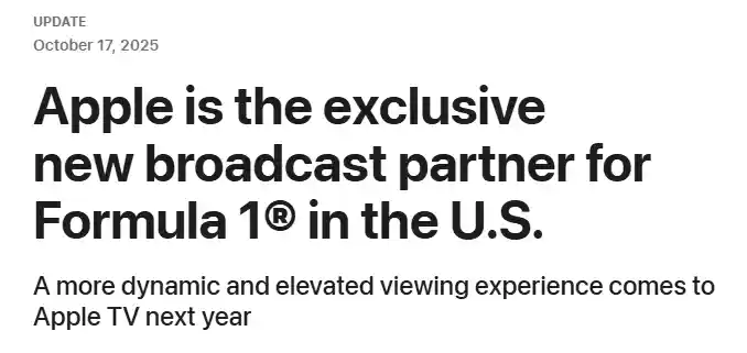 苹果豪掷7亿进军体育转播，F1美国独家版权落袋