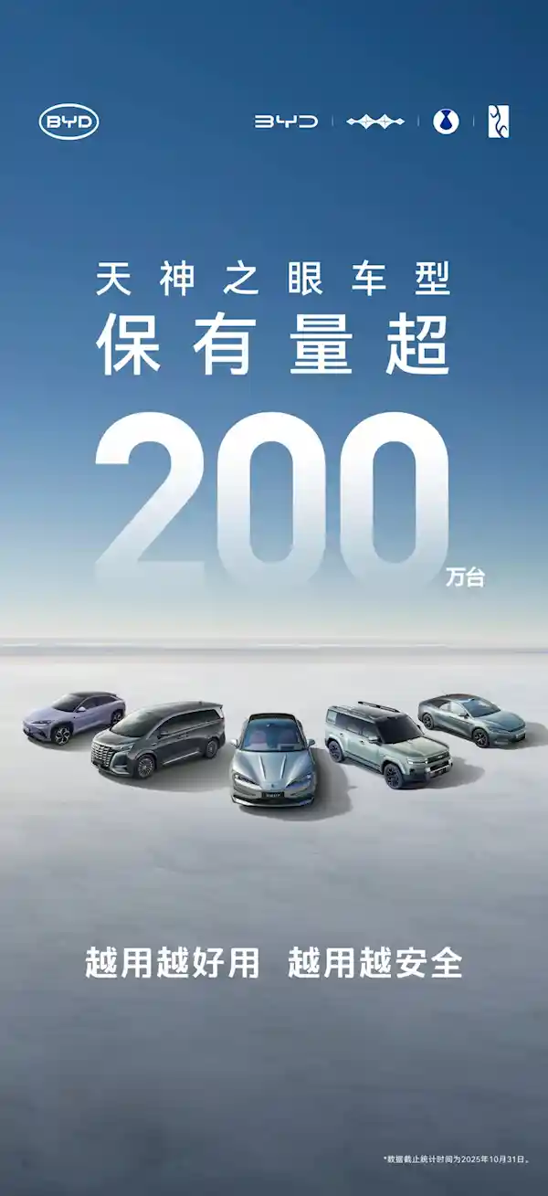比亚迪天神之眼车型销量破200万，日均生成1.3亿公里智驾数据