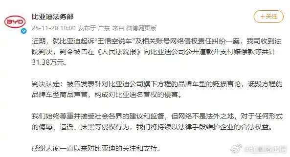 王悟空说车被判道歉并赔偿31万，比亚迪维权胜诉引热议