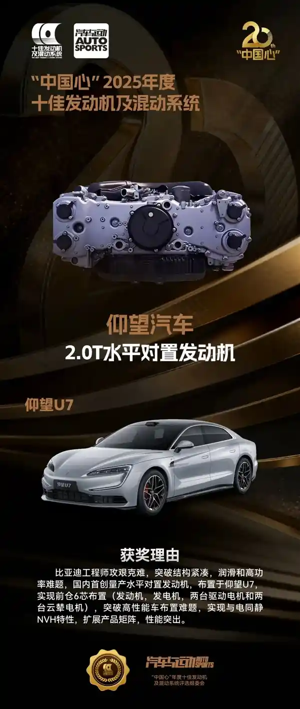 比亚迪首创量产水平对置发动机，斩获中国心十佳荣誉
