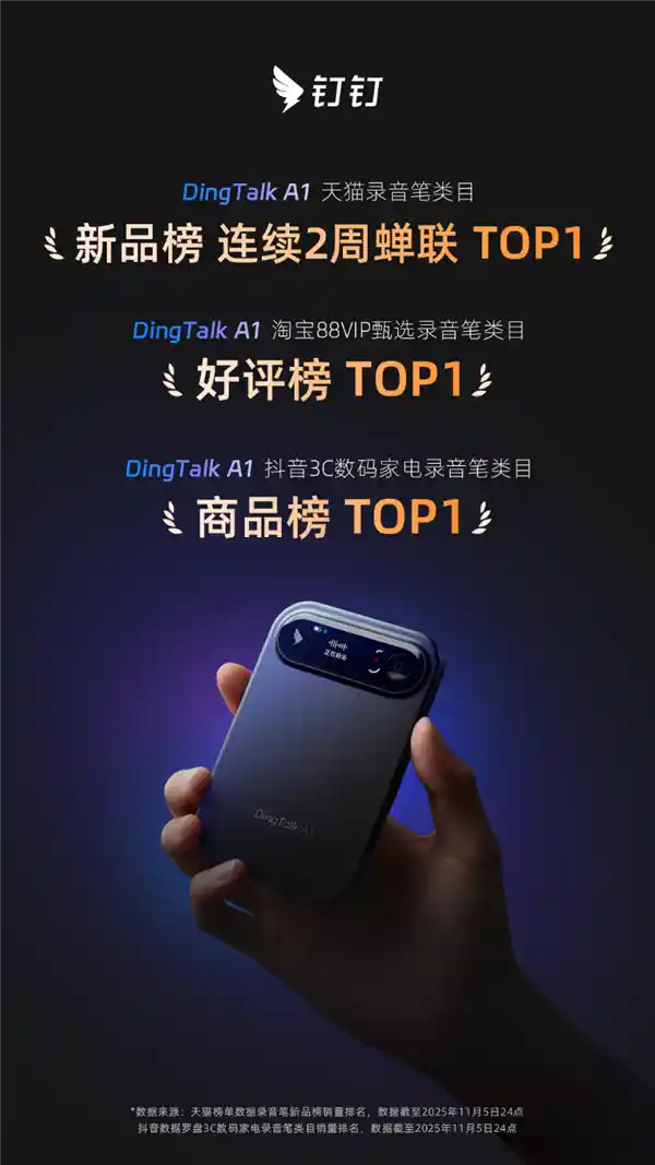 钉钉DingTalk A1双11霸榜天猫抖音双平台，国产AI硬件破局普惠新时代