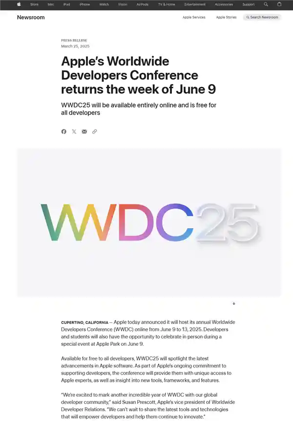 苹果官宣‘WWDC25’定档6月9日：聚焦软件革新，开启未来新篇章