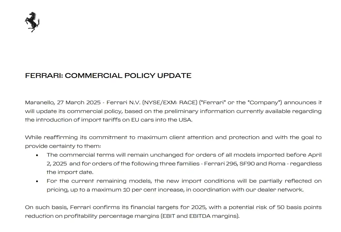 法拉利反击特朗普汽车关税：美国市场售价飙升至多10%！