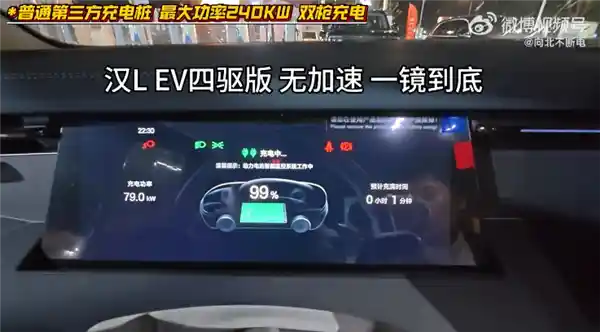 比亚迪汉L刷新纪录！仅19分钟从1%充至满电，第三方充电桩速度惊人