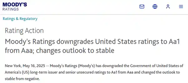 美国信用崩塌！穆迪历史性下调主权信用评级