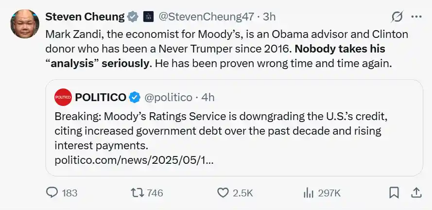 白宫怒斥穆迪：美国3A评级遭撤，政治操弄还是预警信号？