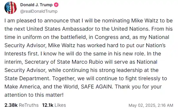 泄密门主角沃尔兹卸任转身，或将掌舵美国驻联合国大使！