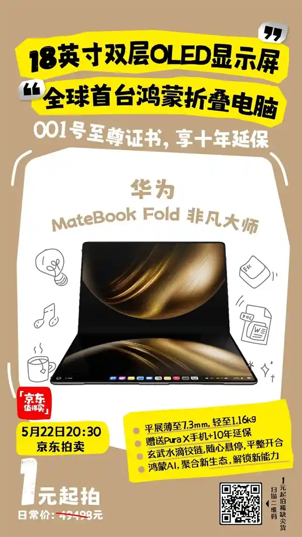 1元起拍！全球首台鸿蒙折叠电脑001号今日开拍，原价近5万引热议