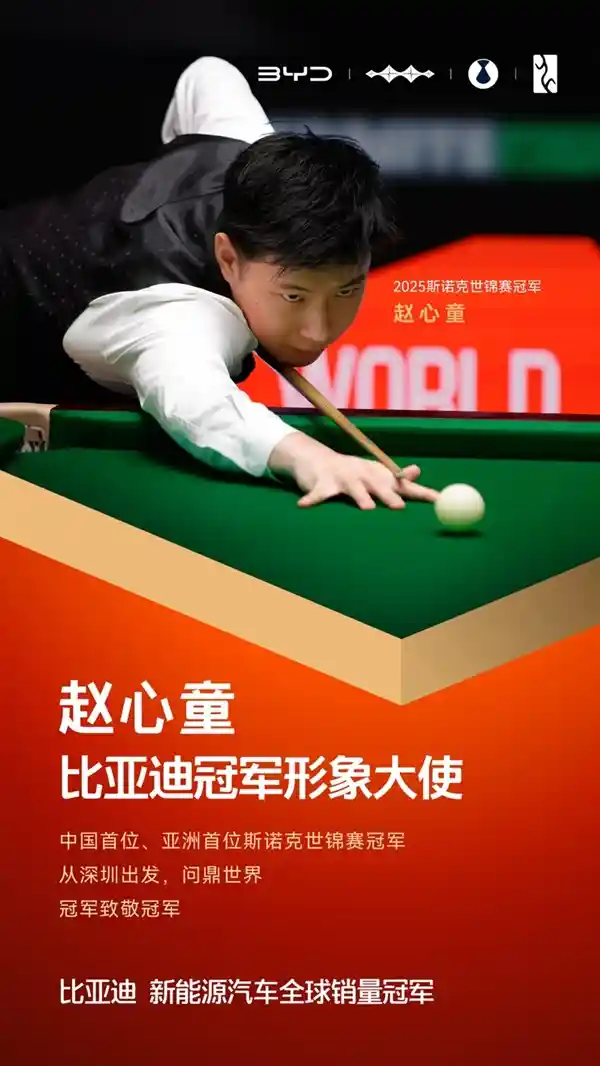 赵心童登顶斯诺克世锦赛，比亚迪重磅官宣：首位亚洲冠军形象大使诞生！