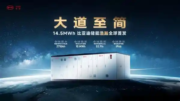 比亚迪发布浩瀚储能新品，搭载全球最大的2710Ah刀片电池