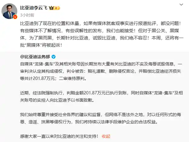 龙猪-集车恶意抹黑比亚迪获刑，赔偿201万引热议